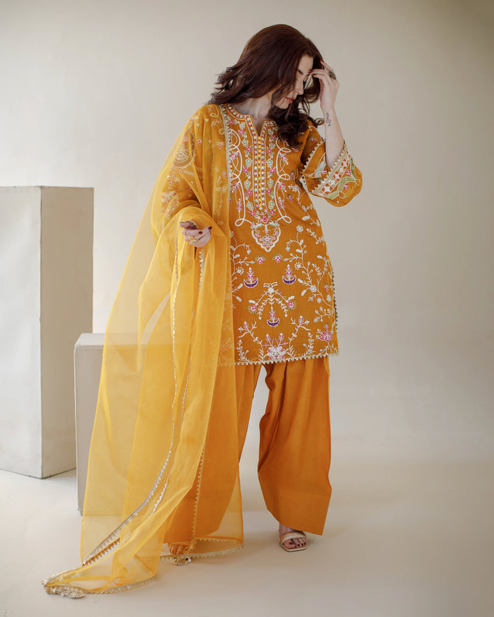 Ombrella - Sunshine Mustard Khaadi Net Suit For Women - 3 Piece