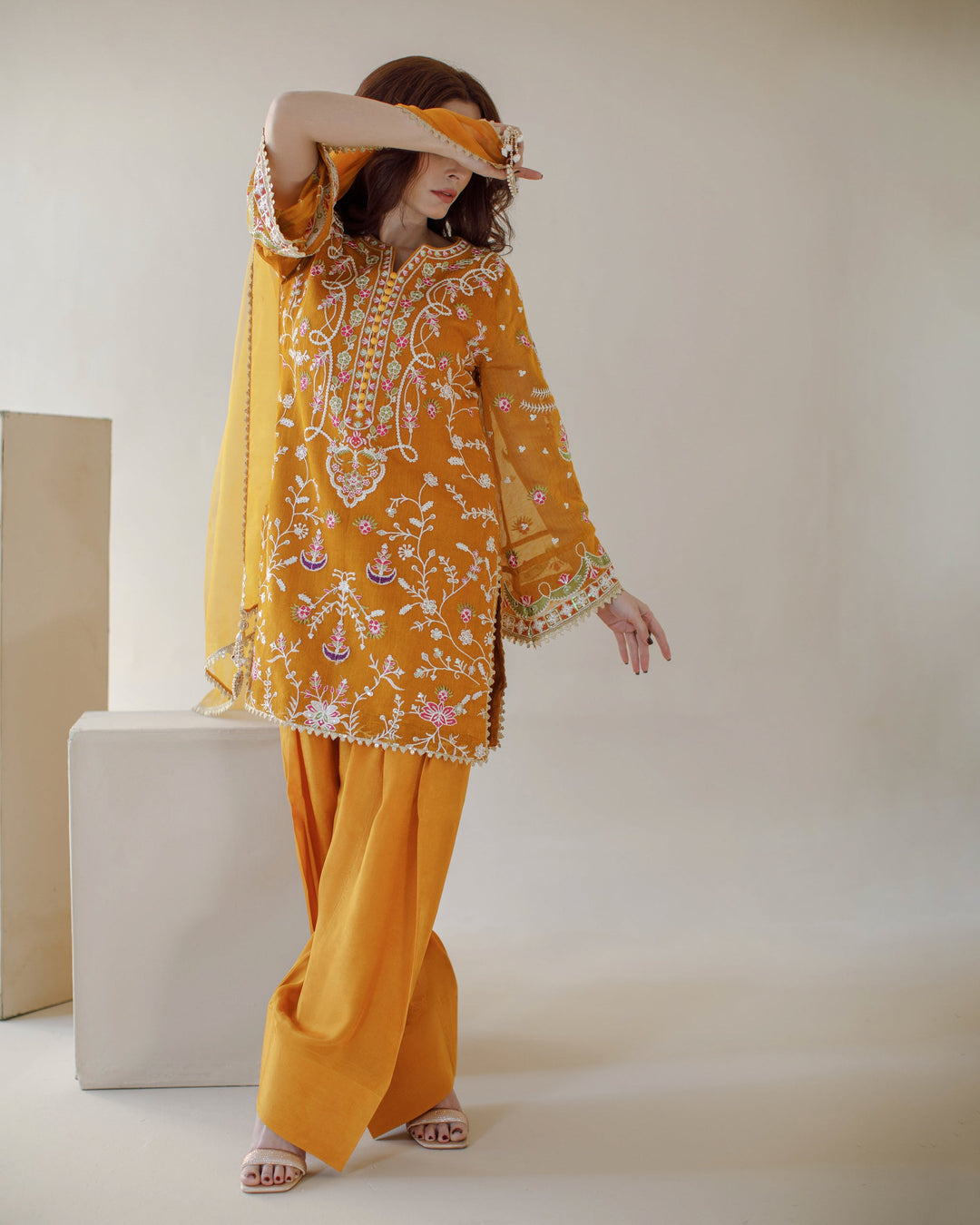 Ombrella - Sunshine Mustard Khaadi Net Suit For Women - 3 Piece