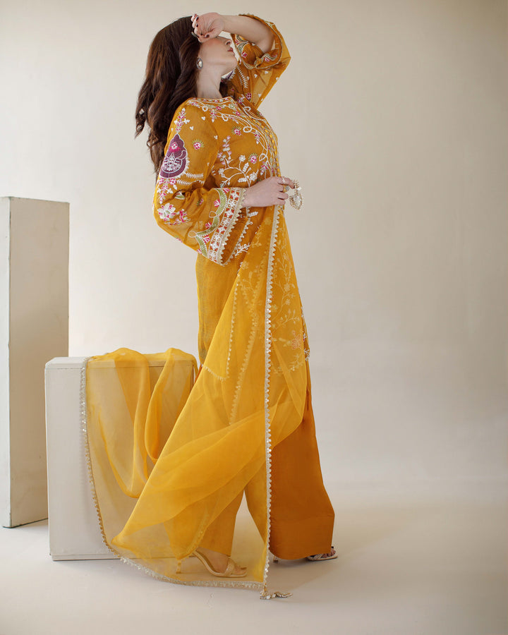 Ombrella - Sunshine Mustard Khaadi Net Suit For Women - 3 Piece