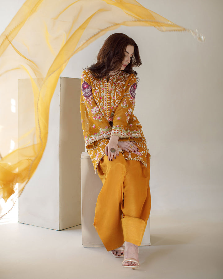 Ombrella - Sunshine Mustard Khaadi Net Suit For Women - 3 Piece
