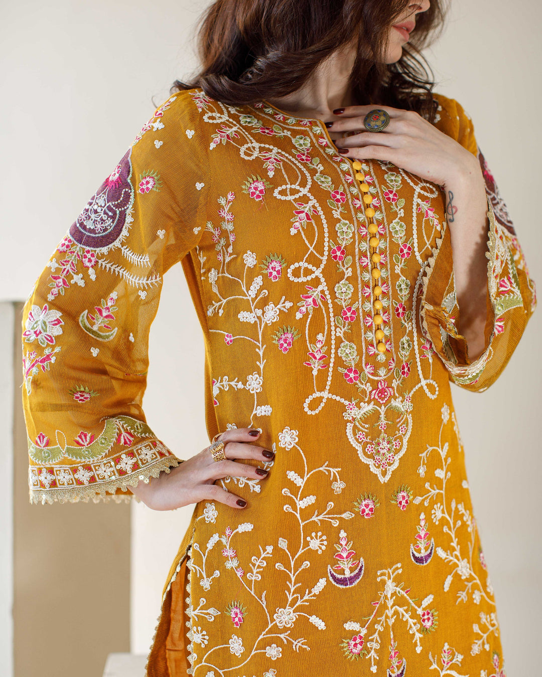 Ombrella - Sunshine Mustard Khaadi Net Suit For Women - 3 Piece
