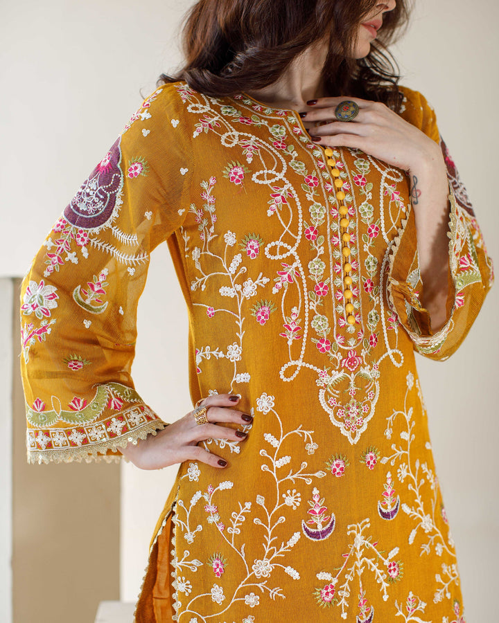 Ombrella - Sunshine Mustard Khaadi Net Suit For Women - 3 Piece