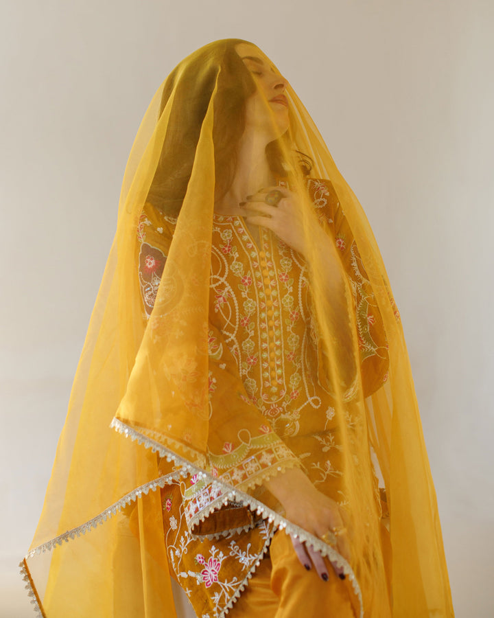 Ombrella - Sunshine Mustard Khaadi Net Suit For Women - 3 Piece