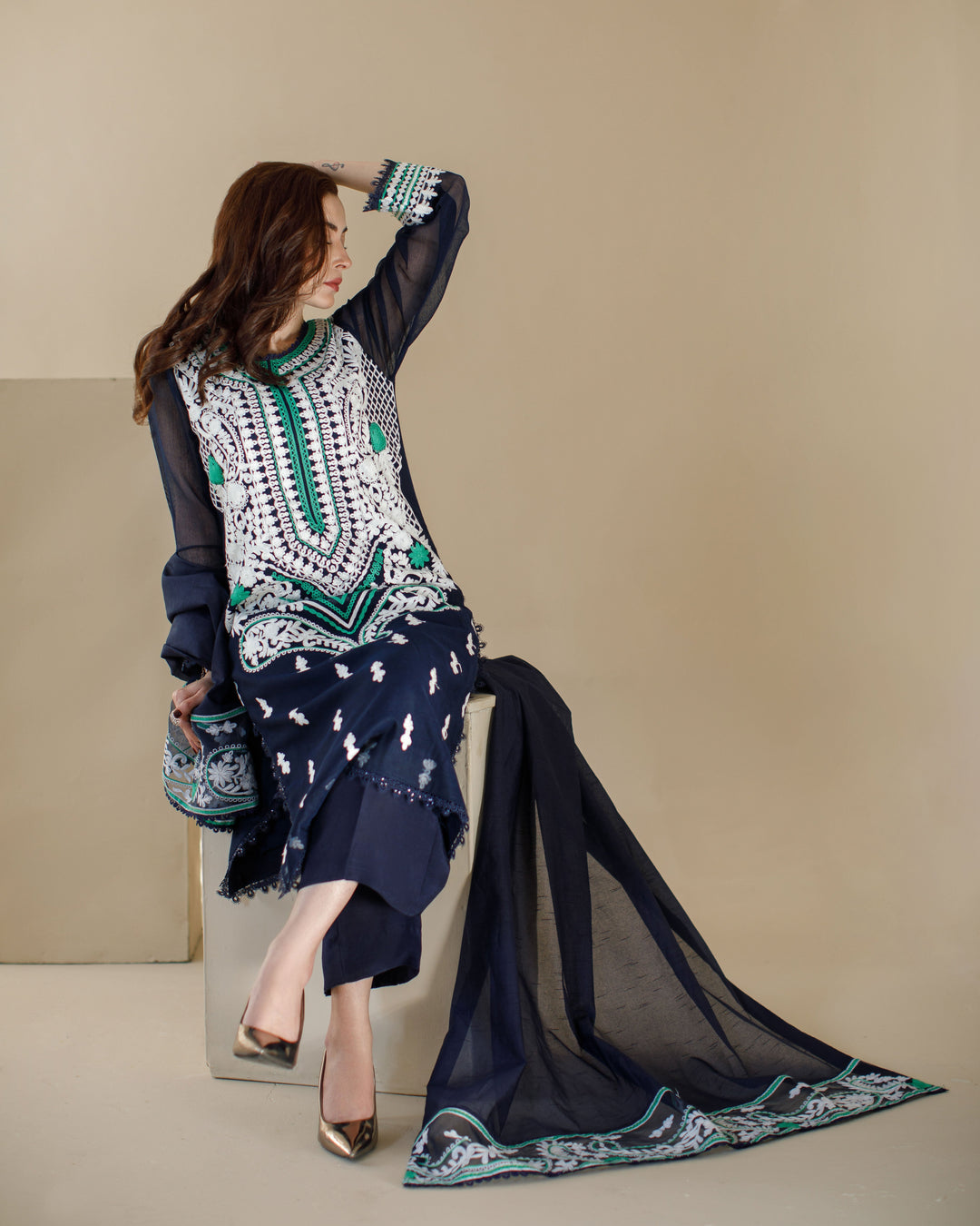 Ombrella - Ethnic Navy blue Khaadi Net Suit For Women - 3 Piece