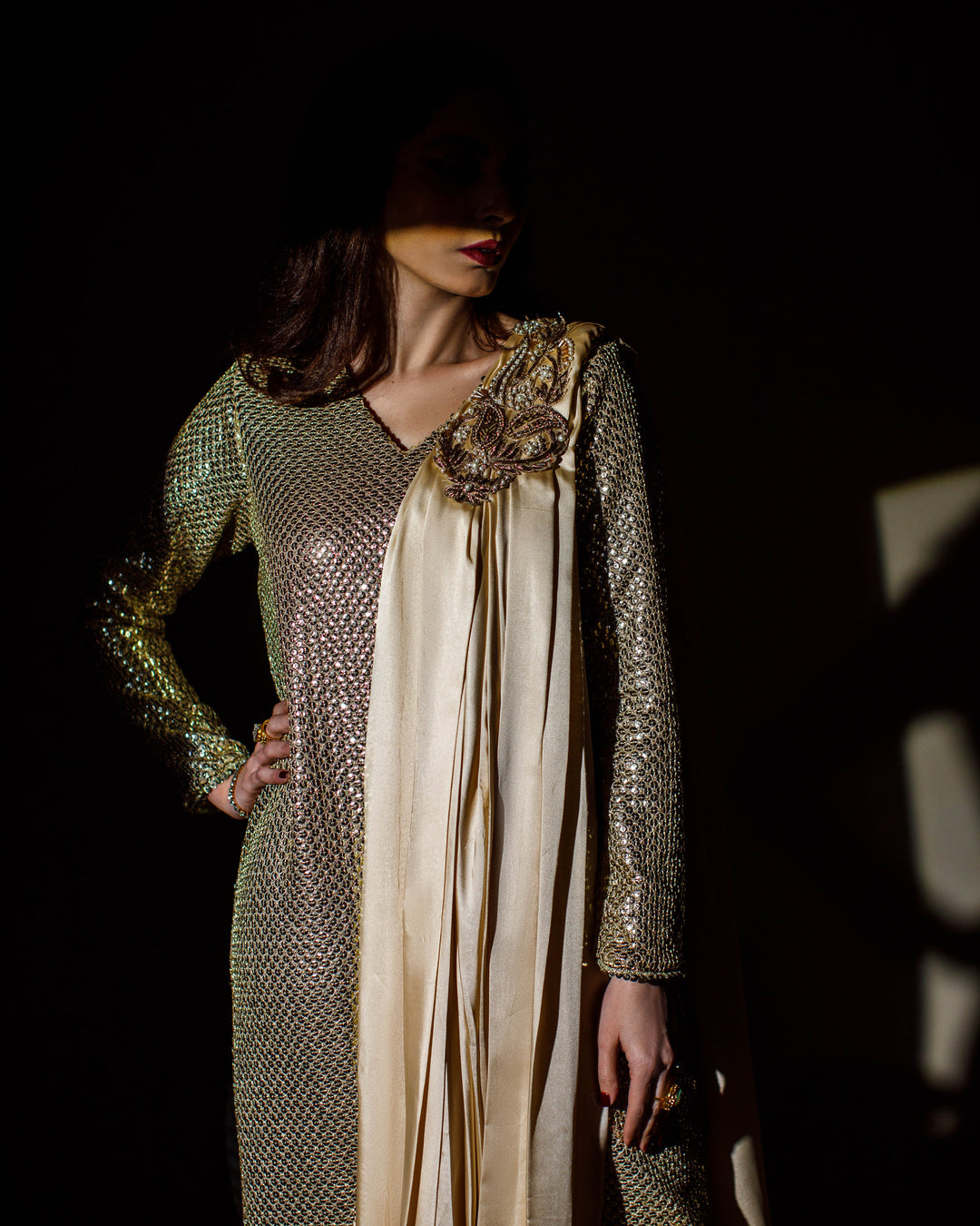 Ombrella - Golden Mirage Gold Georgette Shirt For Women - 1 Piece