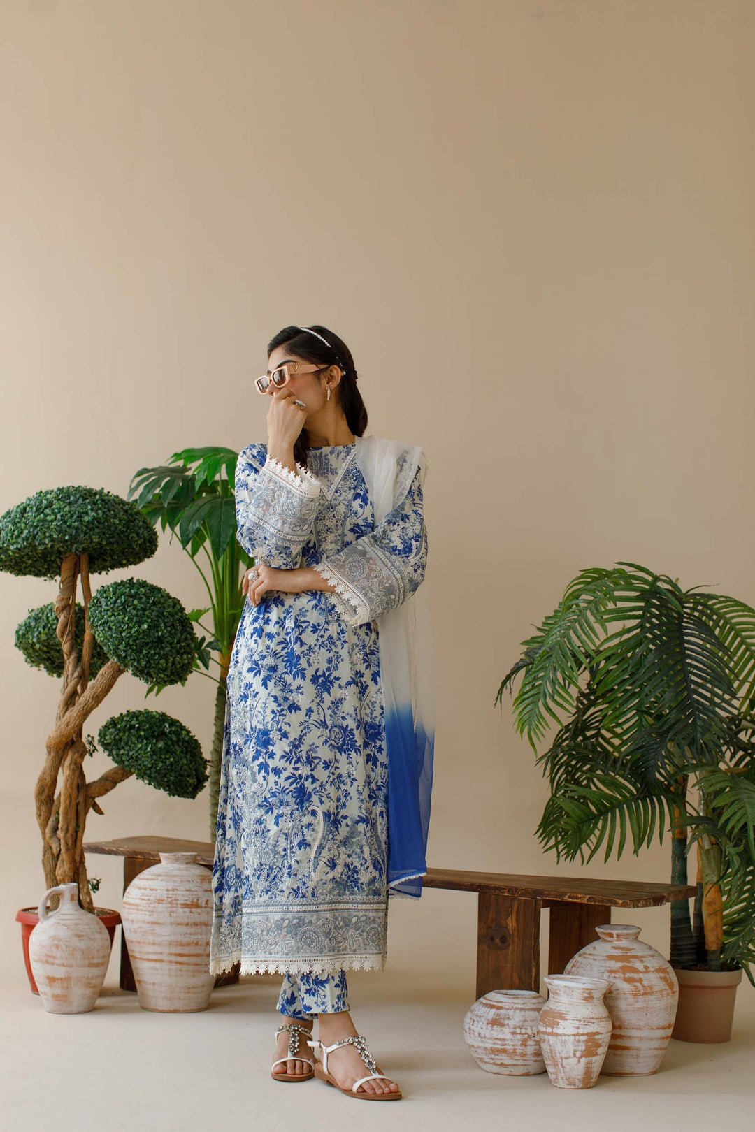 Ombrella - Wildflower- Embroidered - Blue - Lawn - 3 Piece