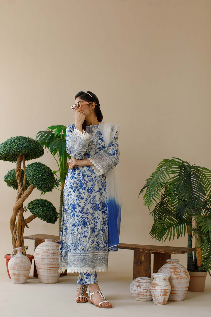 Ombrella - Wildflower- Embroidered - Blue - Lawn - 3 Piece