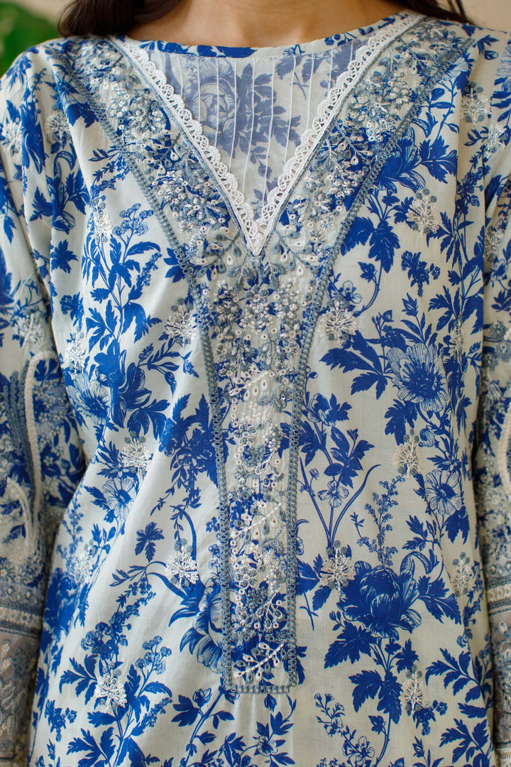 Ombrella - Wildflower- Embroidered - Blue - Lawn - 3 Piece