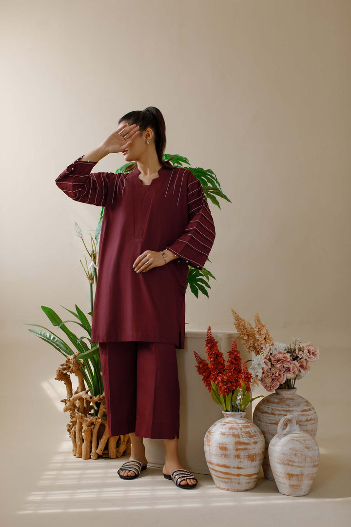 Ombrella - Co ord set - Lawn - Maroon - 2 Piece