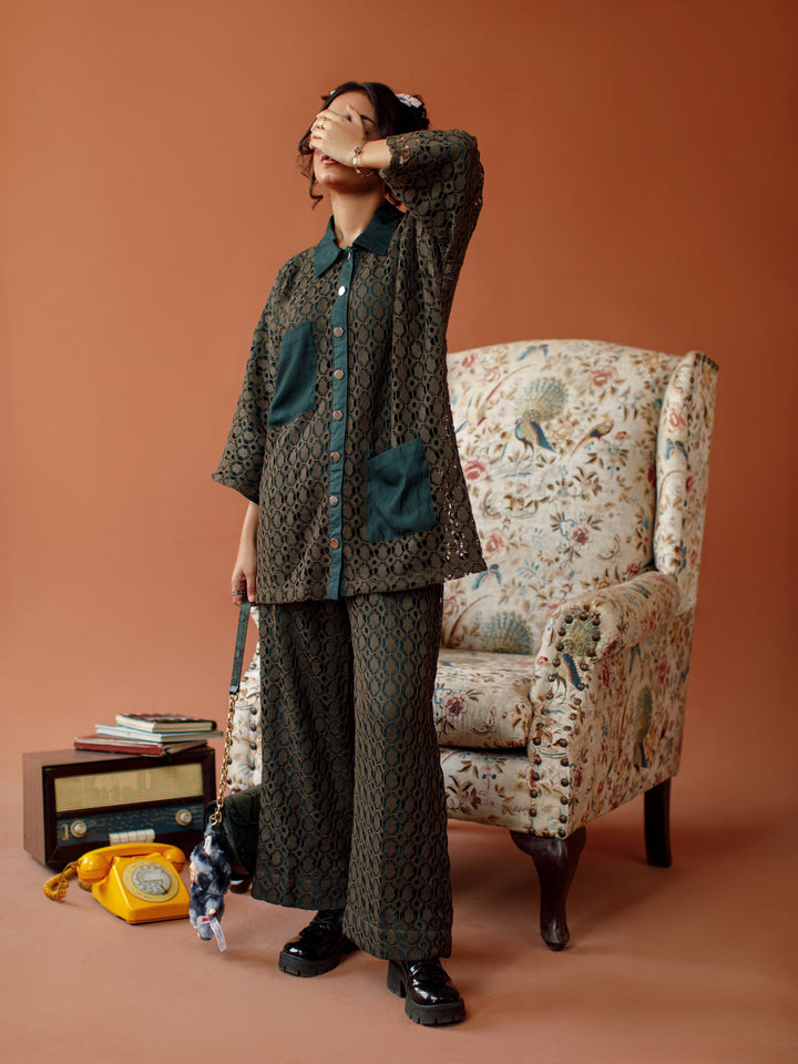 Ombrella - Olive Decode Olive cotton blend lace Co-Ord Set For Women - 2 Piece