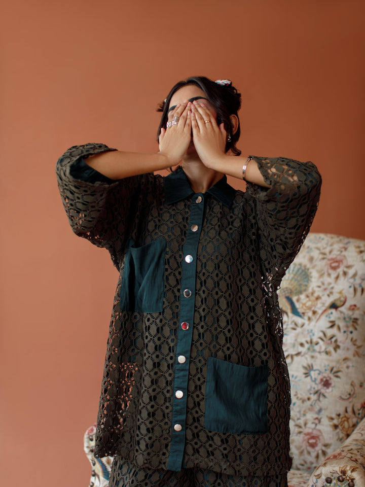 Ombrella - Olive Decode Olive cotton blend lace Co-Ord Set For Women - 2 Piece