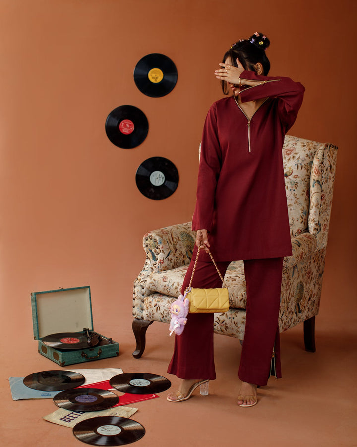 Ombrella - Maroon Melody Maroon Winter Cotton Co-Ord Set For Women - 2 Piece