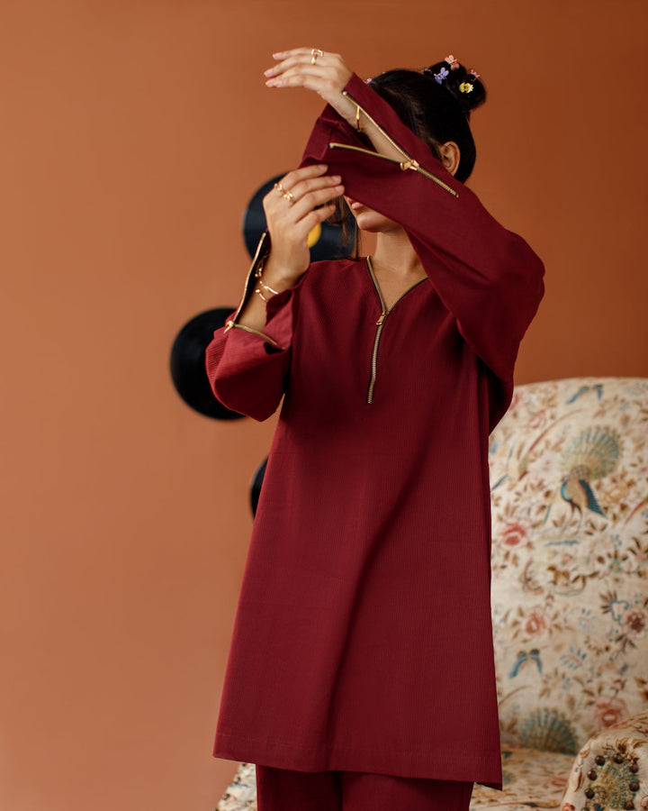 Ombrella - Maroon Melody Maroon Winter Cotton Co-Ord Set For Women - 2 Piece