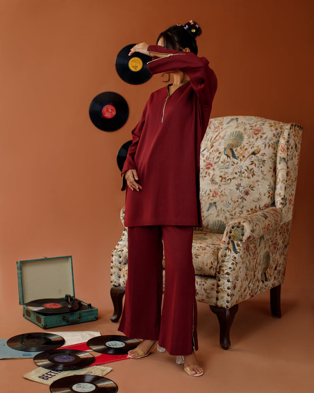 Ombrella - Maroon Melody Maroon Winter Cotton Co-Ord Set For Women - 2 Piece