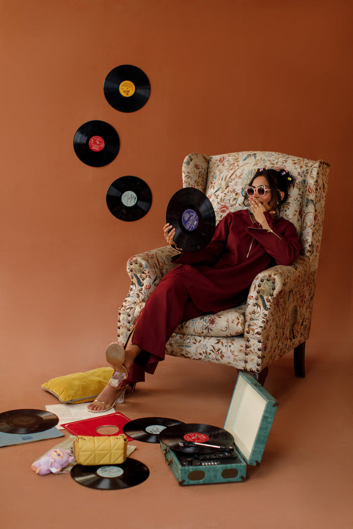 Ombrella - Maroon Melody Maroon Winter Cotton Co-Ord Set For Women - 2 Piece