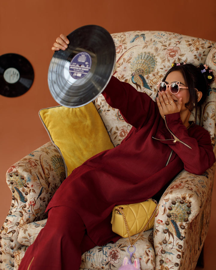 Ombrella - Maroon Melody Maroon Winter Cotton Co-Ord Set For Women - 2 Piece