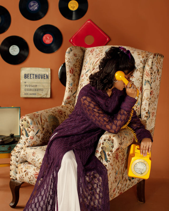 Ombrella - Velvet Hours Purple Lace knit Dress For Women - 2 Piece