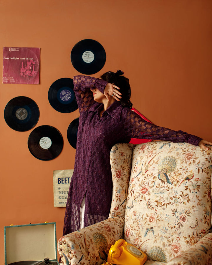 Ombrella - Velvet Hours Purple Lace knit Dress For Women - 2 Piece