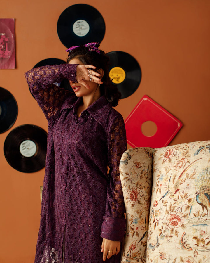 Ombrella - Velvet Hours Purple Lace knit Dress For Women - 2 Piece