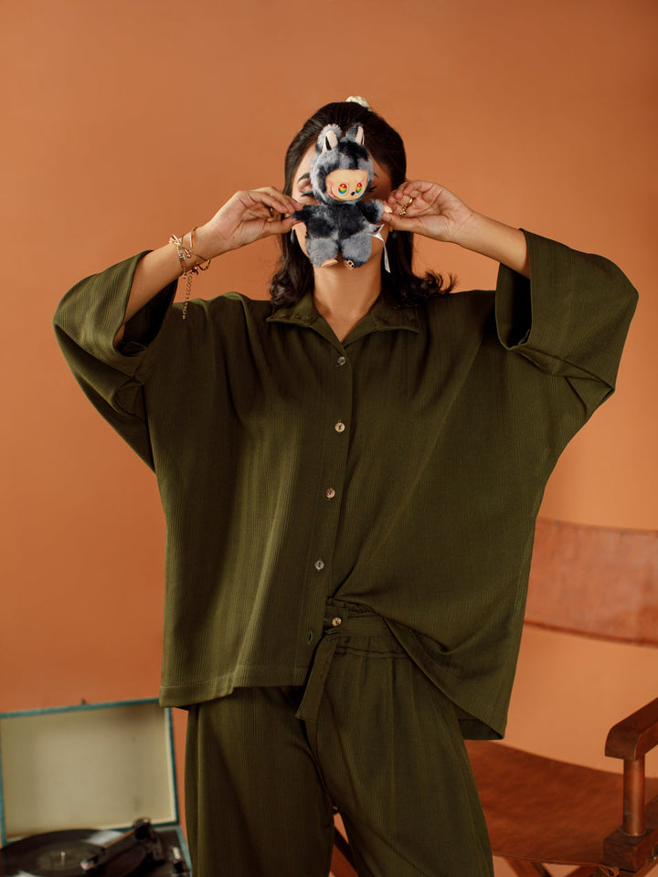 Ombrella - Olive Muse Olive winter jersey Co-Ord Set For Women - 2 Piece