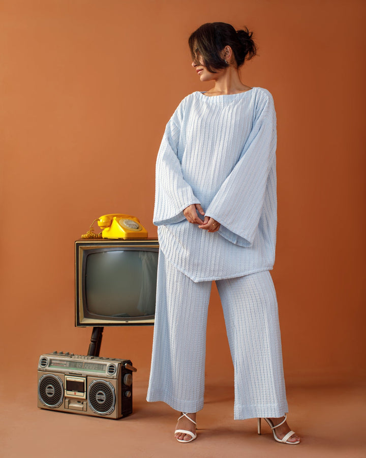 Ombrella - Blue Hour Coord Sky Blue Ribbed knit Co-Ord Set For Women - 2 Piece