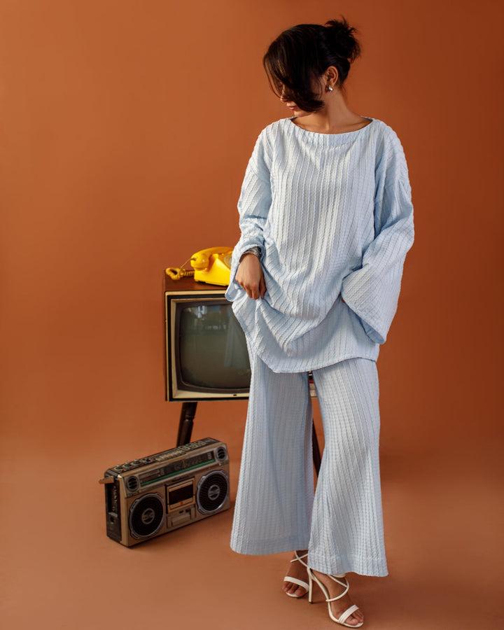 Ombrella - Blue Hour Coord Sky Blue Ribbed knit Co-Ord Set For Women - 2 Piece