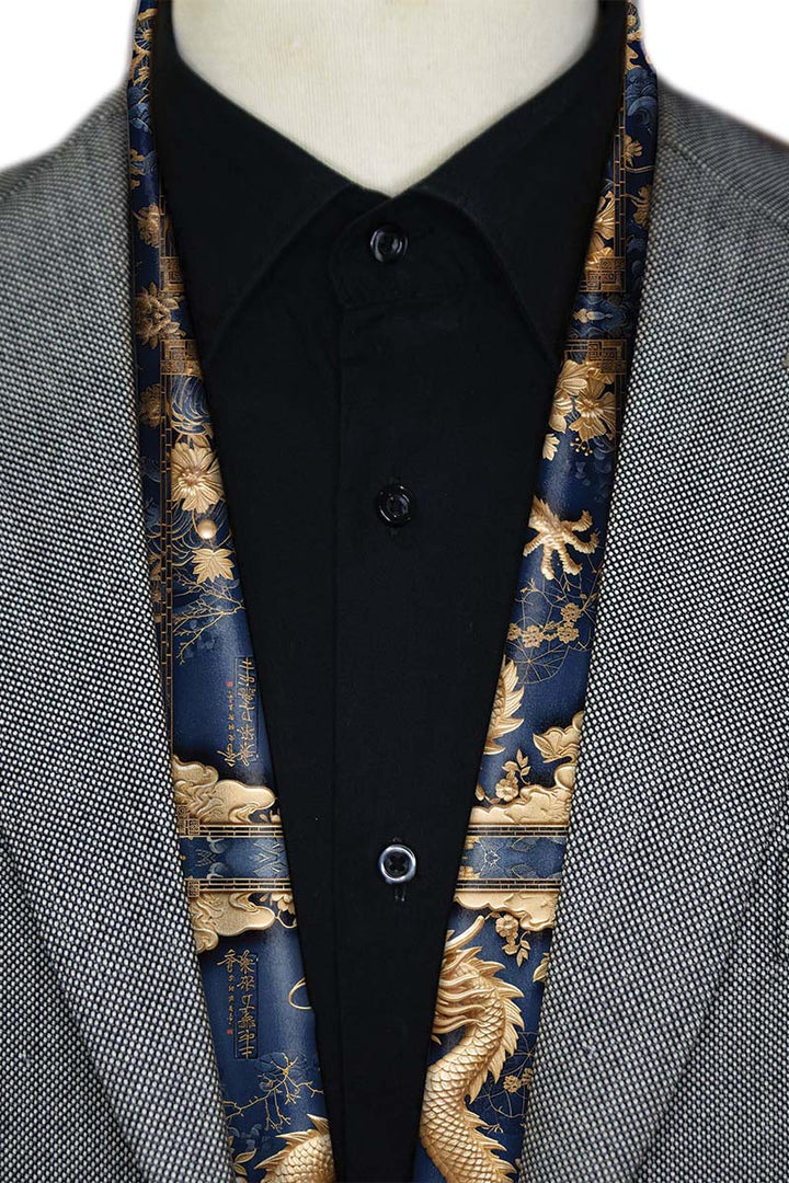 Black Wolf - GOLD DRAGON MEN SCARF - DARK BLUE - SILK - 1 Piece