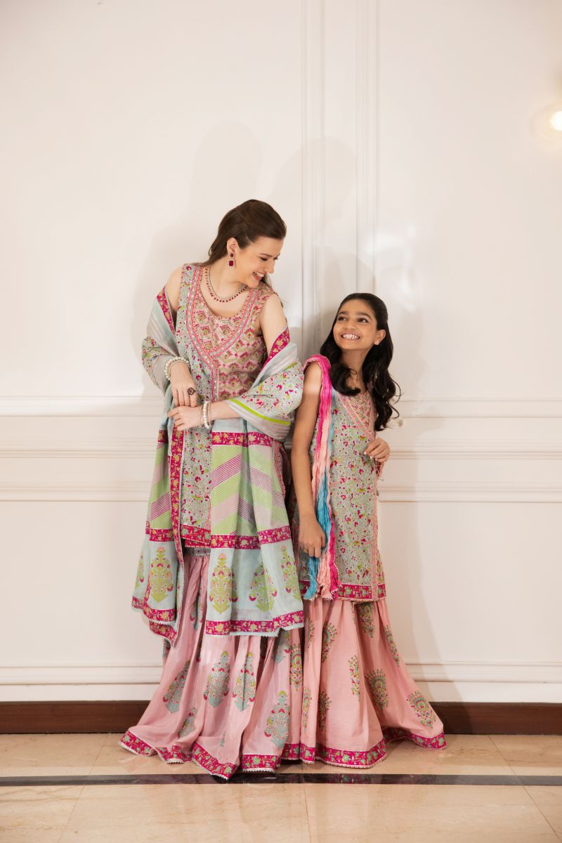 Shehrnaz - Lyra - SHK-1489 - Pink & Ferozi - Pk Medium Silk - Angrakha and Gharara - 3 Piece