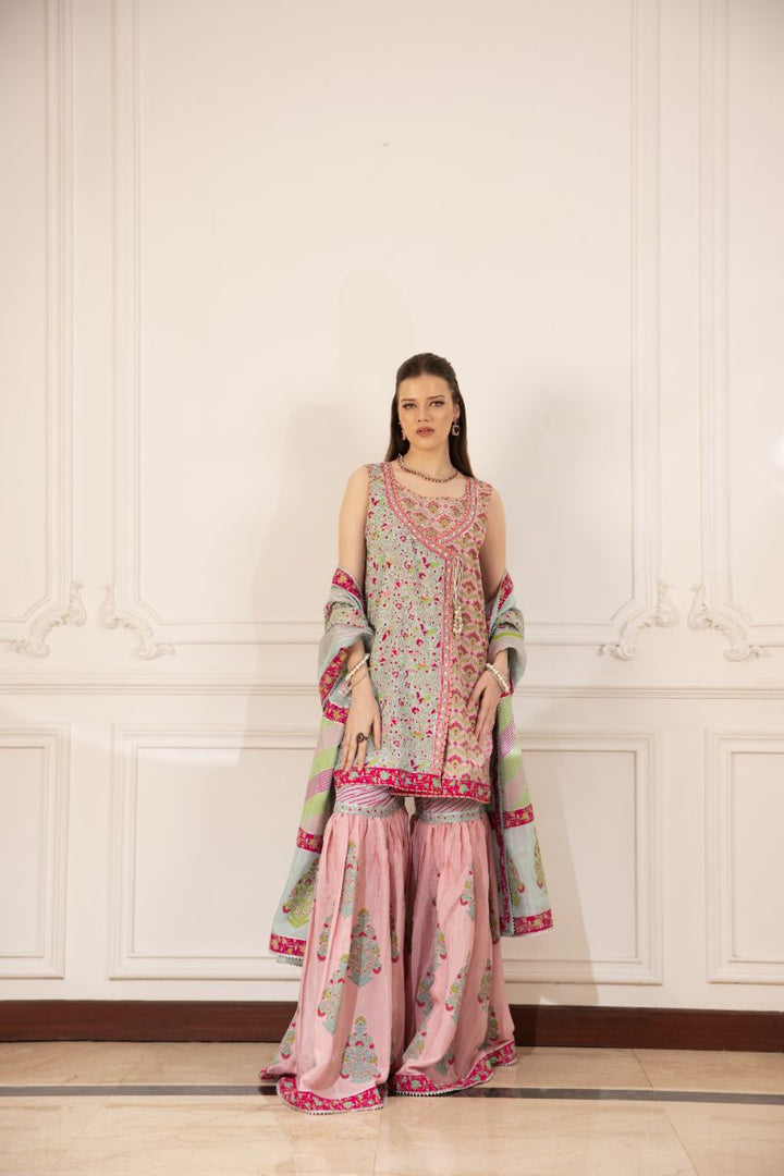 Shehrnaz - Lyra - SHK-1489 - Pink & Ferozi - Pk Medium Silk - Angrakha and Gharara - 3 Piece