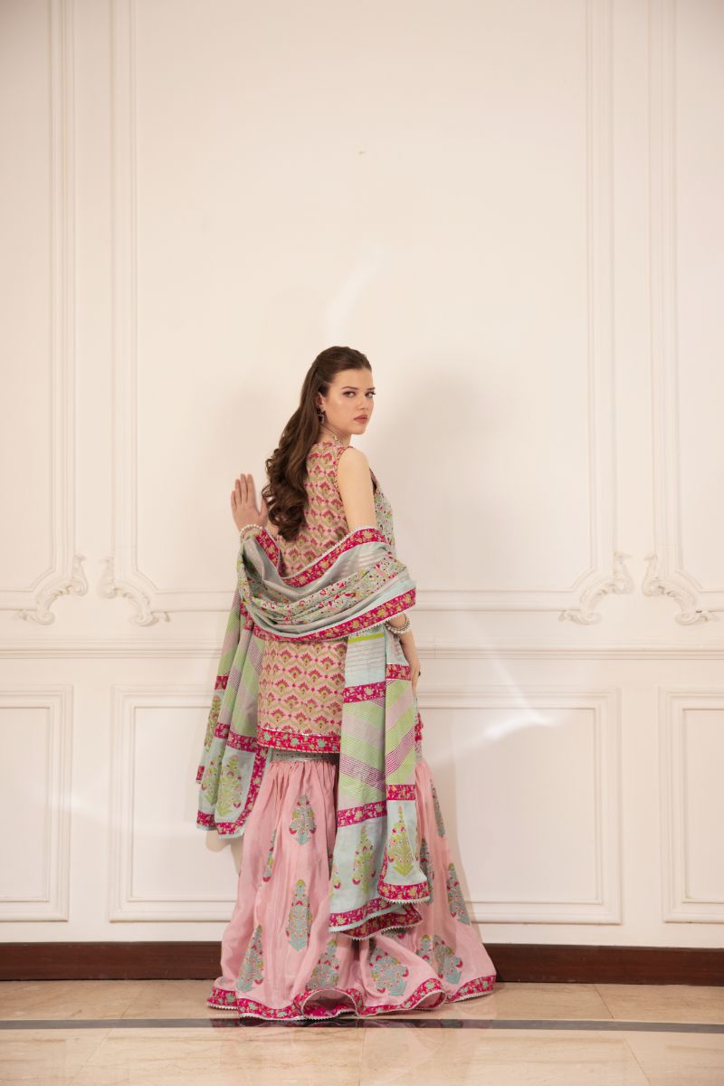 Shehrnaz - Lyra - SHK-1489 - Pink & Ferozi - Pk Medium Silk - Angrakha and Gharara - 3 Piece