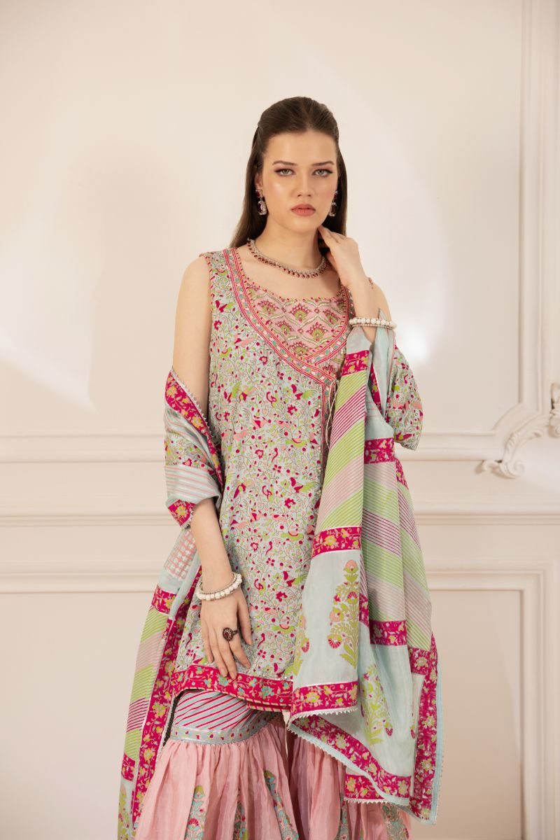 Shehrnaz - Lyra - SHK-1489 - Pink & Ferozi - Pk Medium Silk - Angrakha and Gharara - 3 Piece