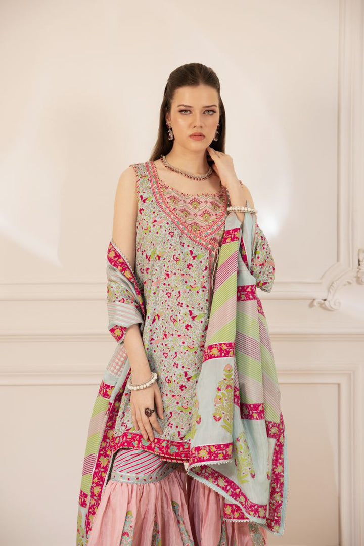 Shehrnaz - Lyra - SHK-1489 - Pink & Ferozi - Pk Medium Silk - Angrakha and Gharara - 3 Piece