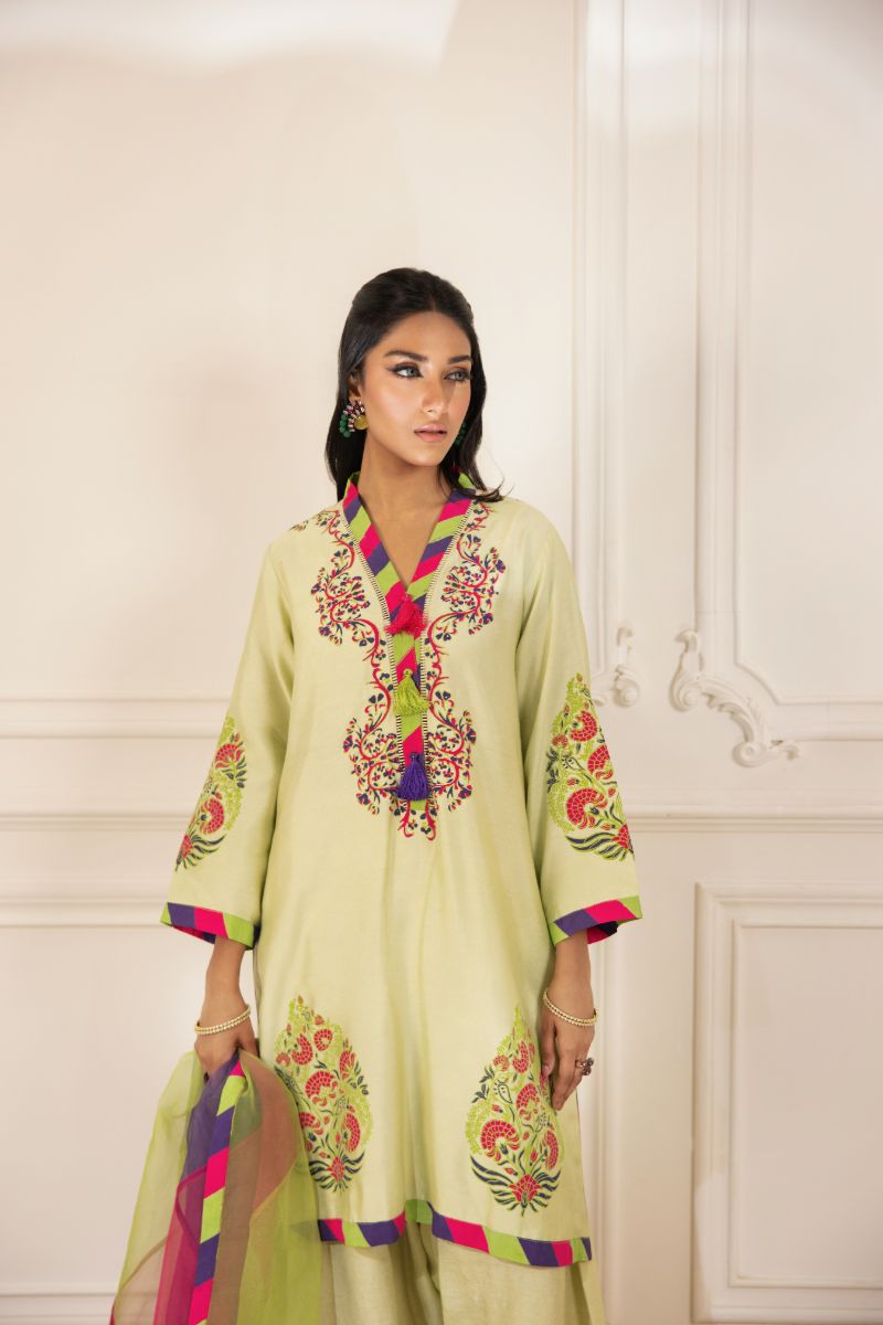 Shehrnaz - Vana - SHK-1490 - Pistachio green - Cotton net - Kurta Set 3 Pcs - 3 Piece