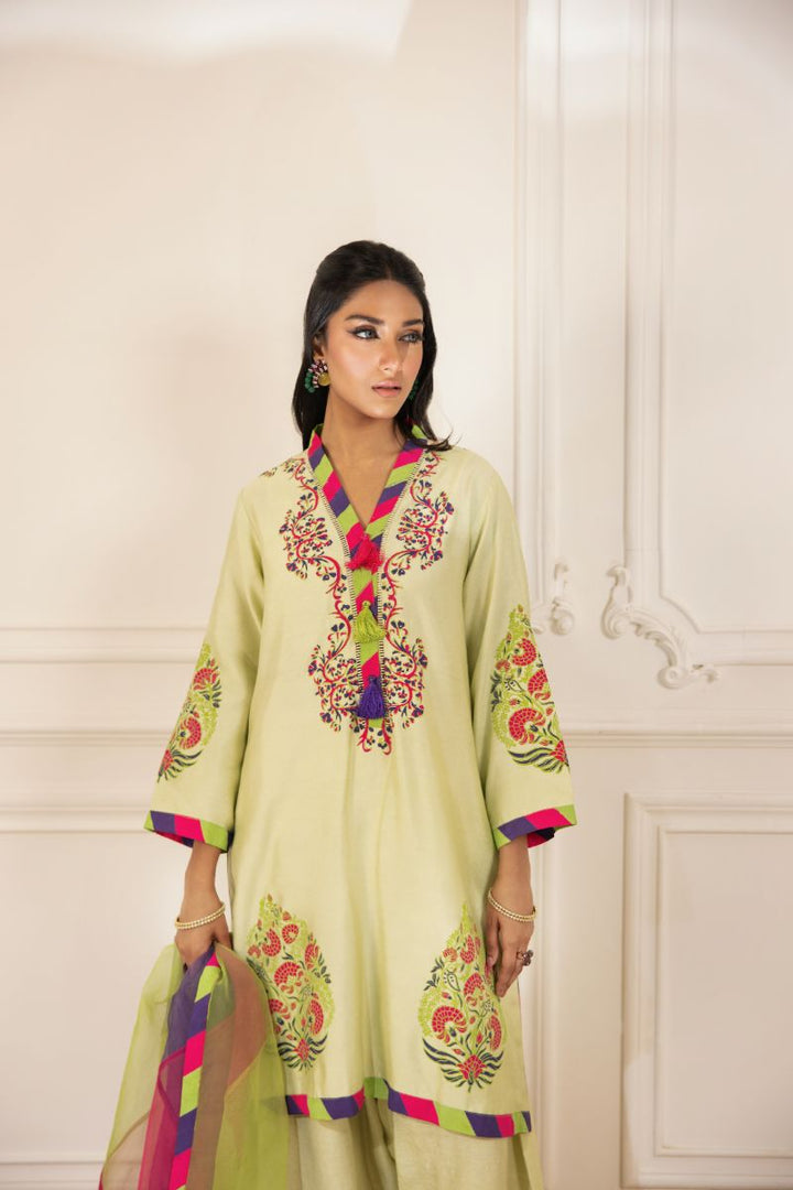 Shehrnaz - Vana - SHK-1490 - Pistachio green - Cotton net - Kurta Set 3 Pcs - 3 Piece