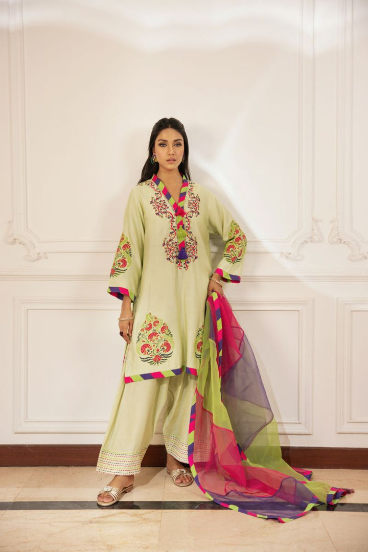 Shehrnaz - Vana - SHK-1490 - Pistachio green - Cotton net - Kurta Set 3 Pcs - 3 Piece