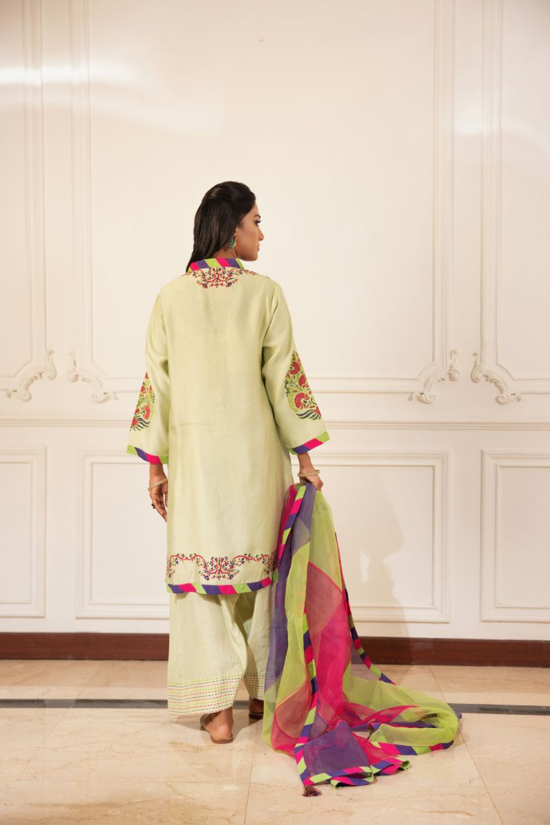 Shehrnaz - Vana - SHK-1490 - Pistachio green - Cotton net - Kurta Set 3 Pcs - 3 Piece