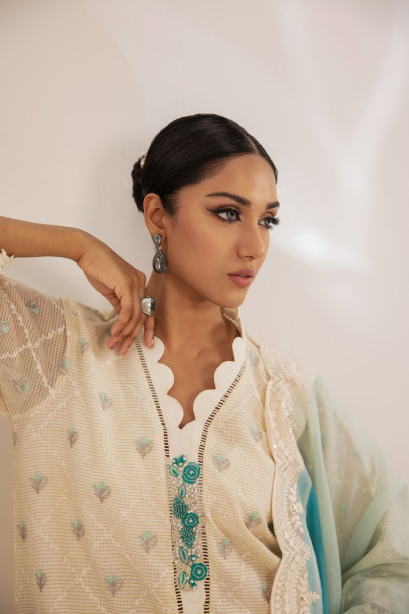 Shehrnaz - Eira - SHK-1491 - Off-White - Banarsi Paper Cotton - Kurta Set 3 Pcs - 3 Piece