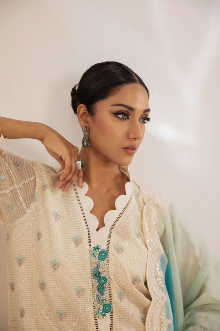 Shehrnaz - Eira - SHK-1491 - Off-White - Banarsi Paper Cotton - Kurta Set 3 Pcs - 3 Piece