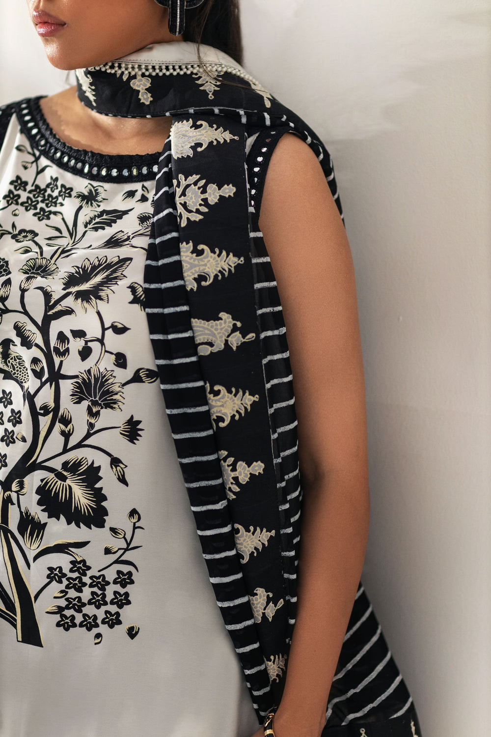 Shehrnaz - Monochrome Embroidered Tunic with Flared Palazzos - White - 3 Piece - Studio by TCS