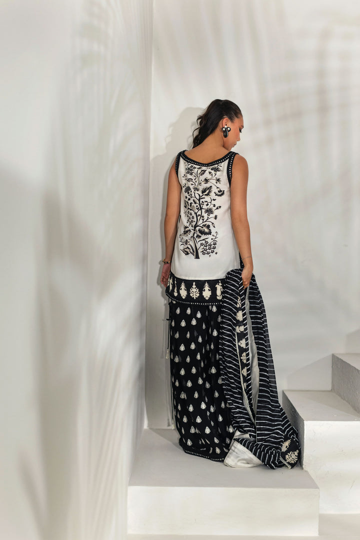 Shehrnaz - Monochrome Embroidered Tunic with Flared Palazzos - White - 3 Piece - Studio by TCS