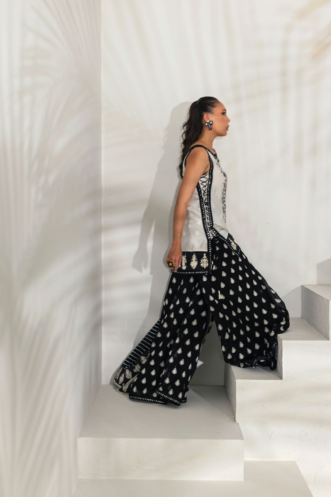 Shehrnaz - Monochrome Embroidered Tunic with Flared Palazzos - White - 3 Piece - Studio by TCS