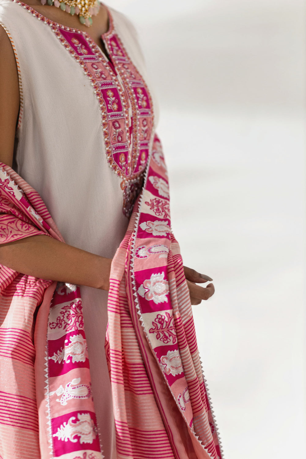 Shehrnaz - Pearl White Kurta with Fuchsia Striped Shalwar - Beige - 3 Piece - Studio by TCS
