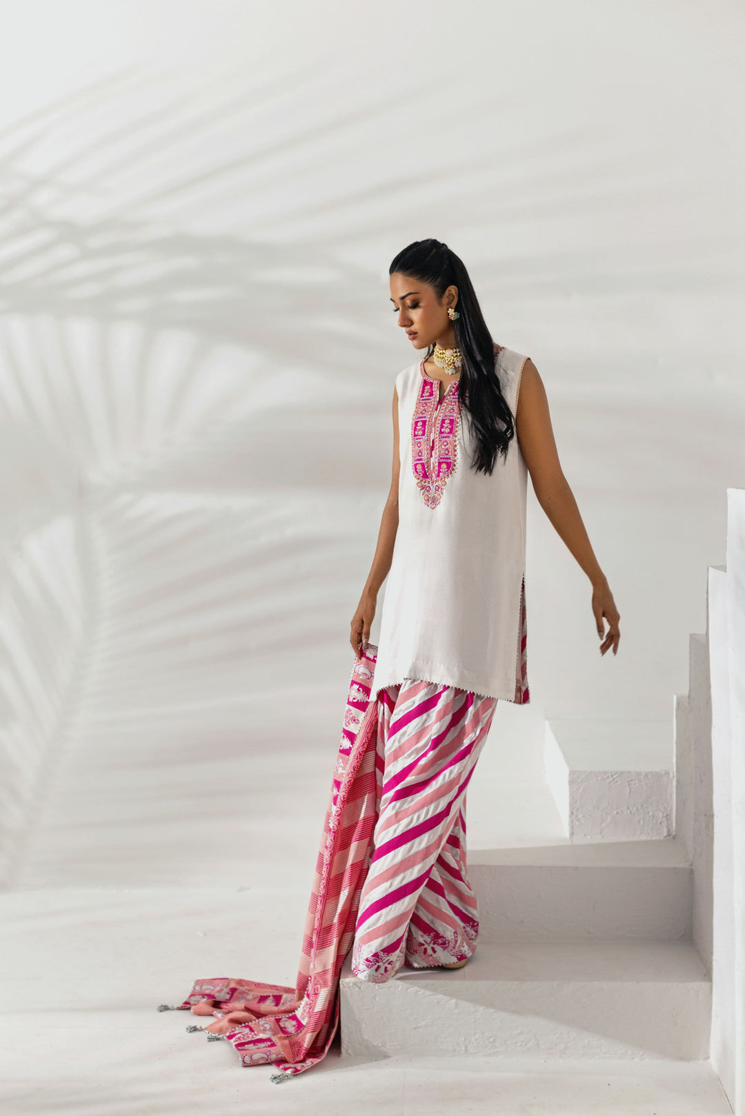 Shehrnaz - Pearl White Kurta with Fuchsia Striped Shalwar - Beige - 3 Piece - Studio by TCS