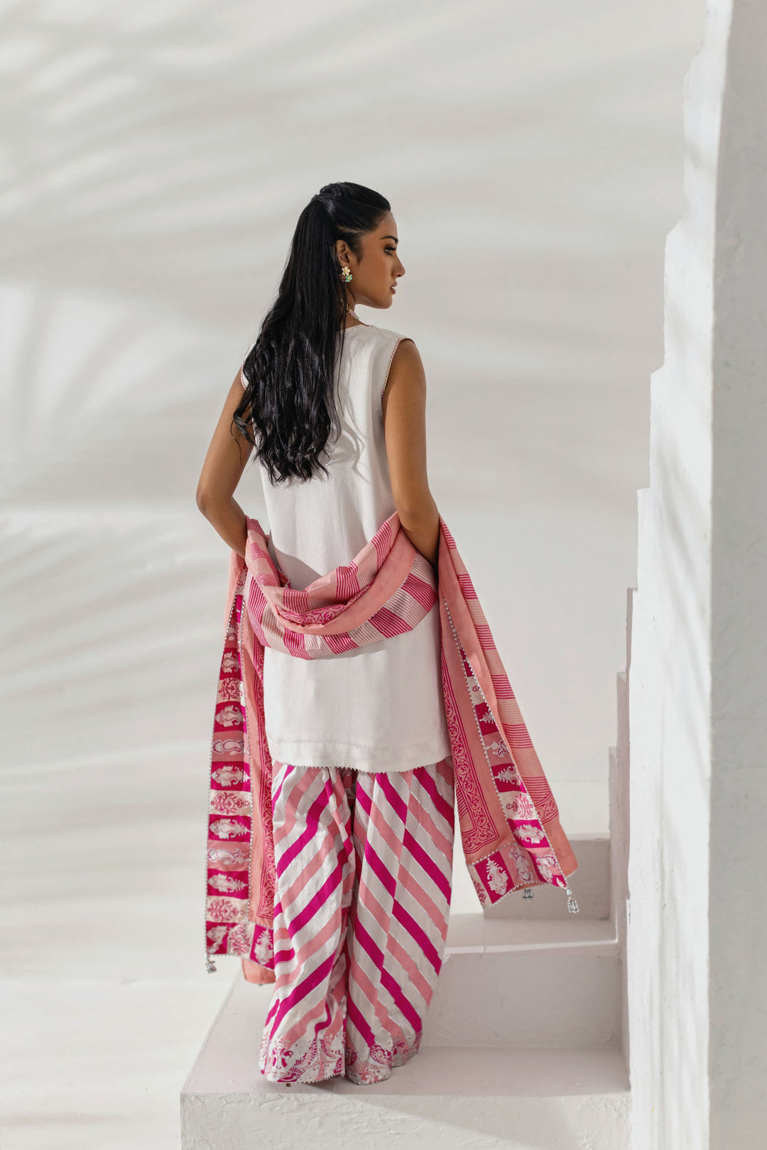 Shehrnaz - Pearl White Kurta with Fuchsia Striped Shalwar - Beige - 3 Piece - Studio by TCS