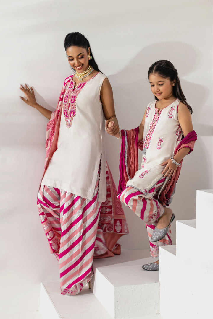 Shehrnaz - Pearl White Kurta with Fuchsia Striped Shalwar - Beige - 3 Piece - Studio by TCS