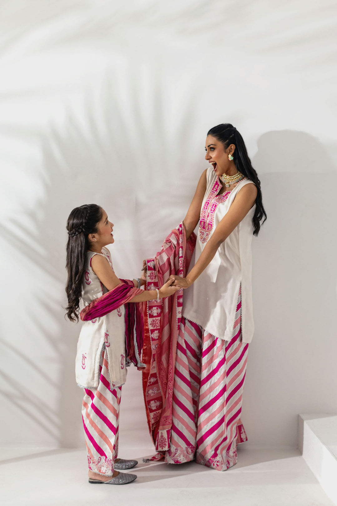 Shehrnaz - Pearl White Kurta with Fuchsia Striped Shalwar - Beige - 3 Piece - Studio by TCS