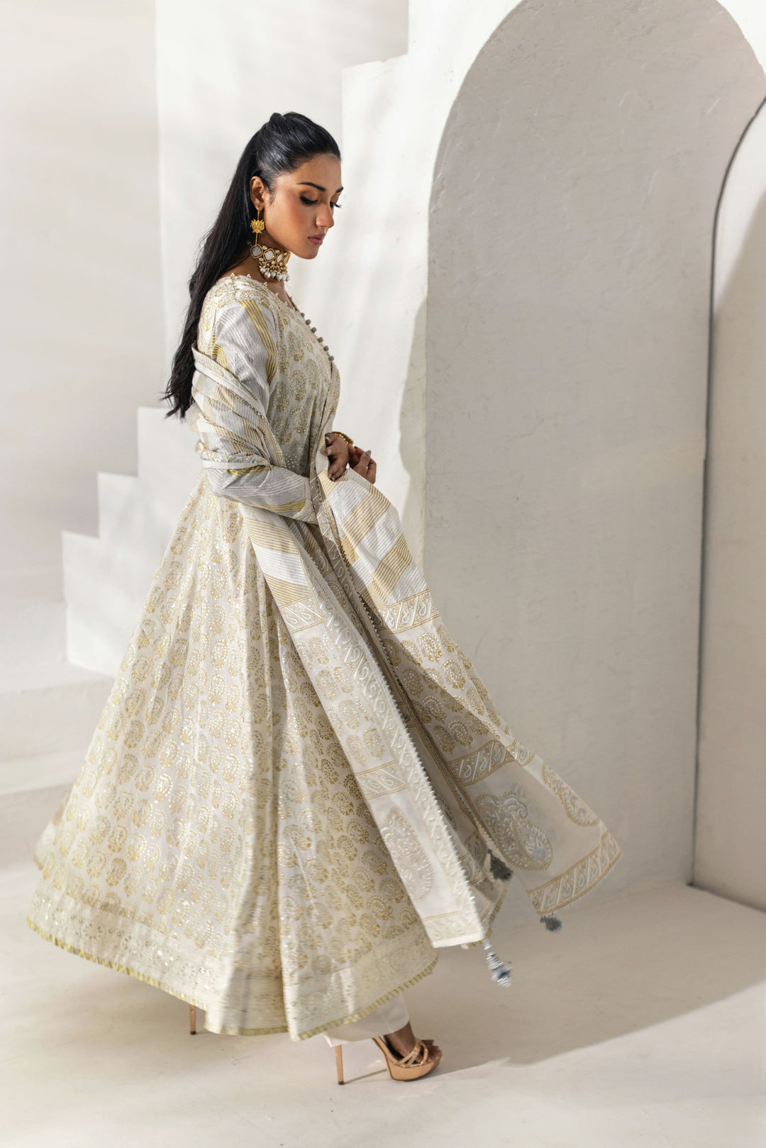 Shehrnaz - Ivory & Gold Foil-Printed Peshwaz Set - Off-white - 3 Piece - Studio by TCS