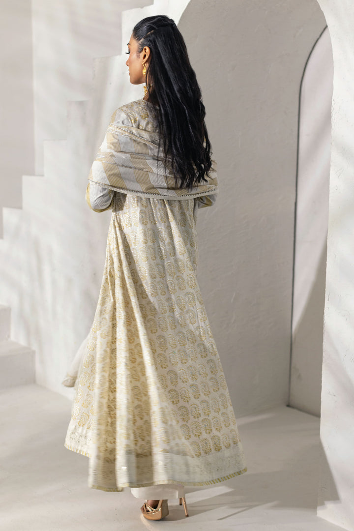 Shehrnaz - Ivory & Gold Foil-Printed Peshwaz Set - Off-white - 3 Piece - Studio by TCS