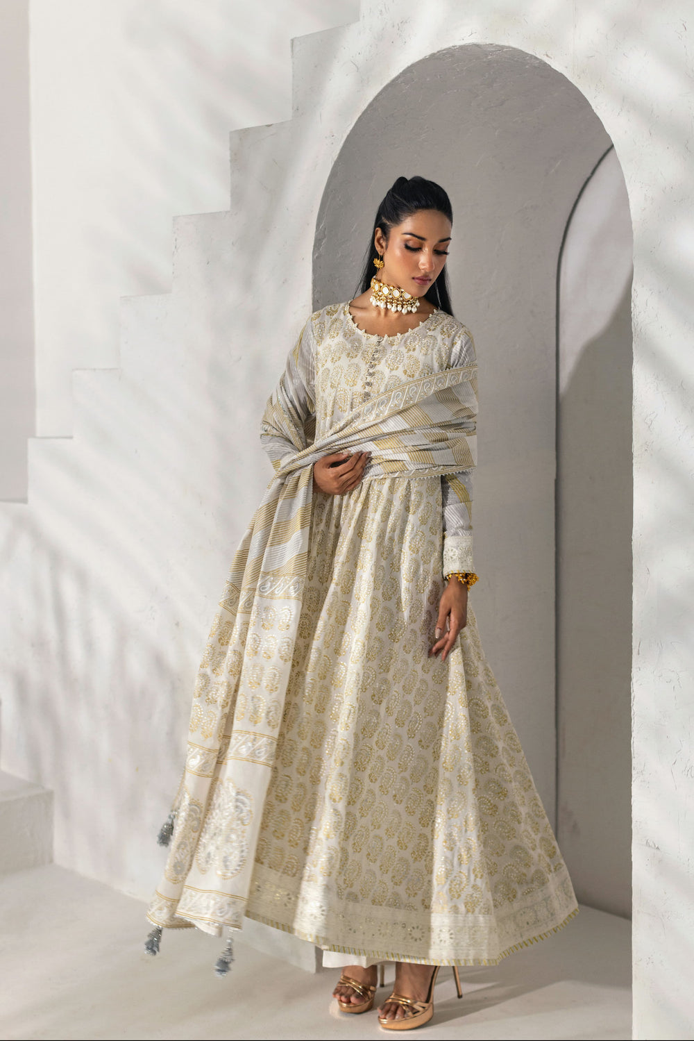 Shehrnaz - Ivory & Gold Foil-Printed Peshwaz Set - Off-white - 3 Piece - Studio by TCS