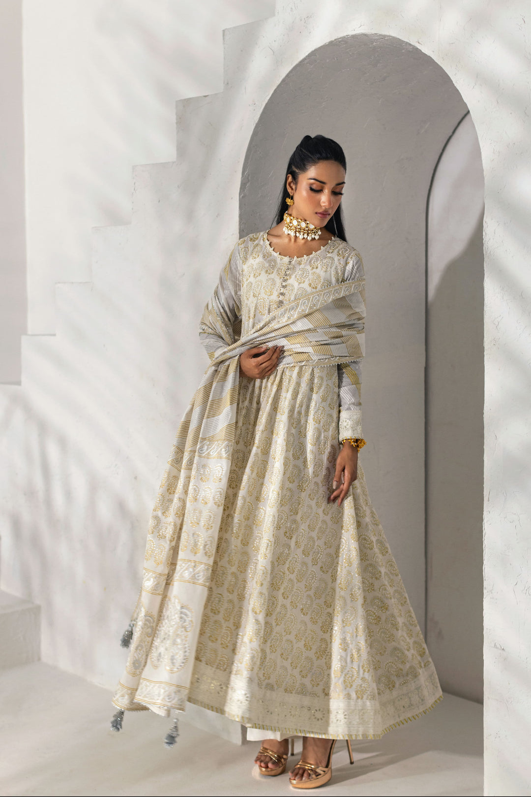 Shehrnaz - Ivory & Gold Foil-Printed Peshwaz Set - Off-white - 3 Piece - Studio by TCS